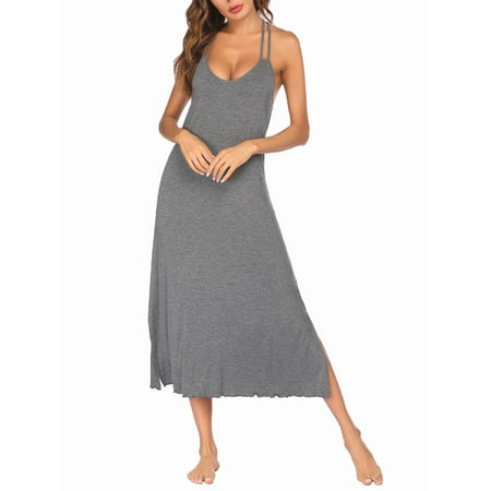 Bellella Ladies Sleep Dress Full Slip Sleepwear Sleeveless Nightgown Soft V  Neck Night Gowns Women Chemise Gray XL