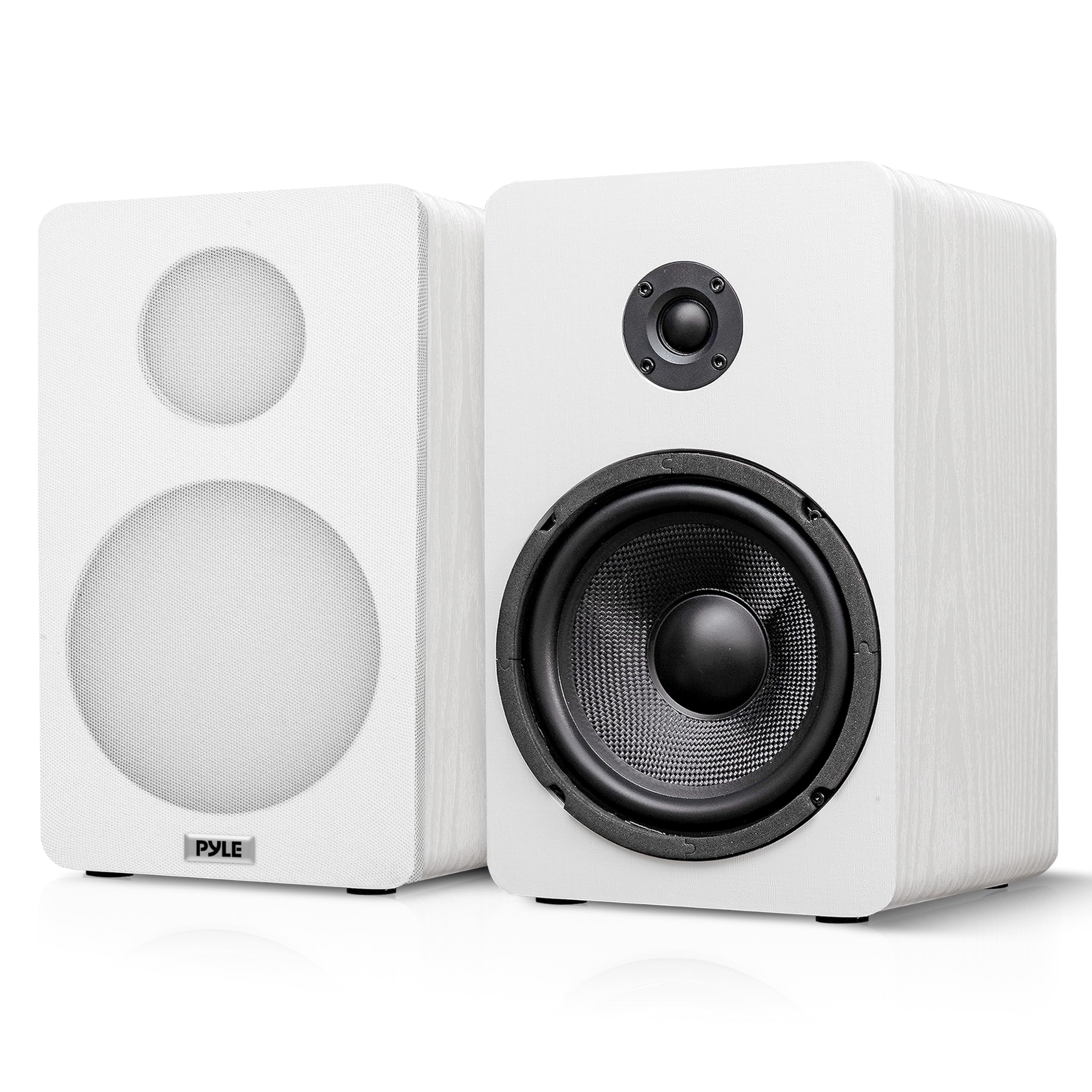 Pyle PDA7BU Bluetooth USB/AUX MP3 Player SD FM Home Theater Audio Black Amplifier Receiver, 2x 6.5” 240 Watt Max Power 2-Way HiFi Home Theater Bookshelf White Speakers, Speaker Wire, Banana Plugs