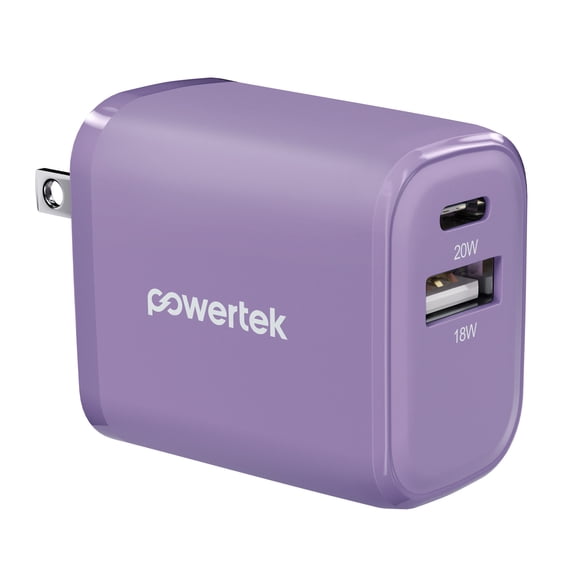 Powertek 20W USB-C USB-A Wall Charger, Fast Charging Power Delivery Cube, Dual Port Compact Charger, Purple