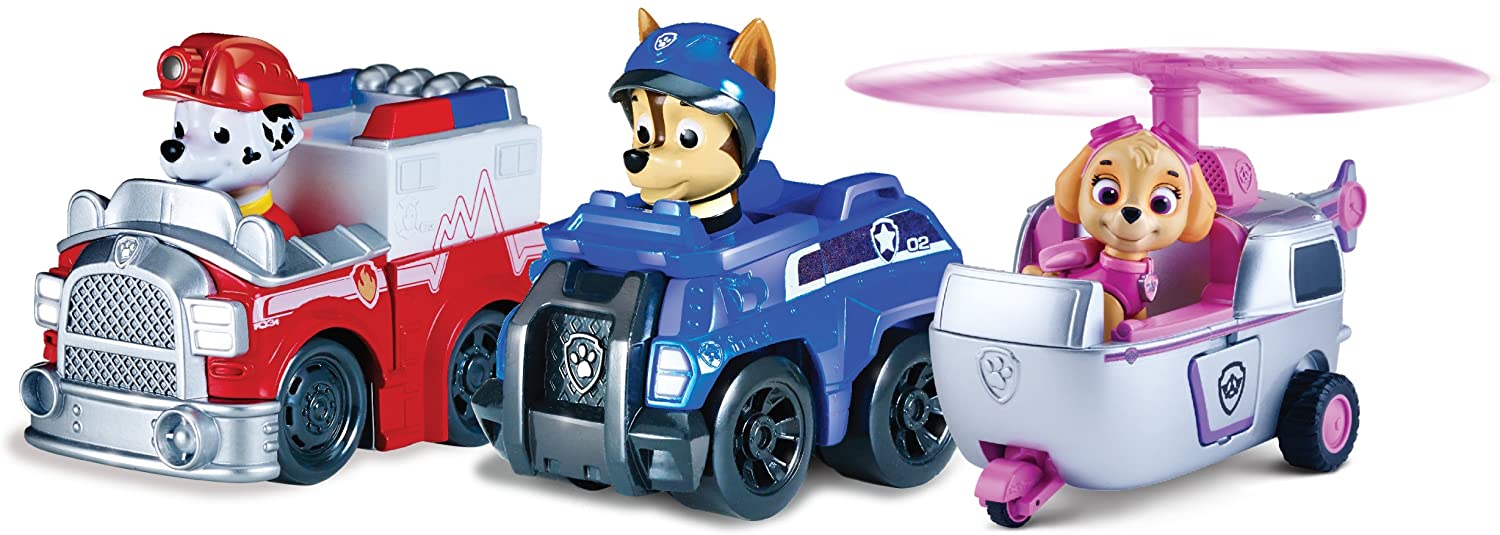 の お 店 Paw Patrol Rescue Racers Pack Vehicle Set， Marshall/Chase/Skye ロボット 
