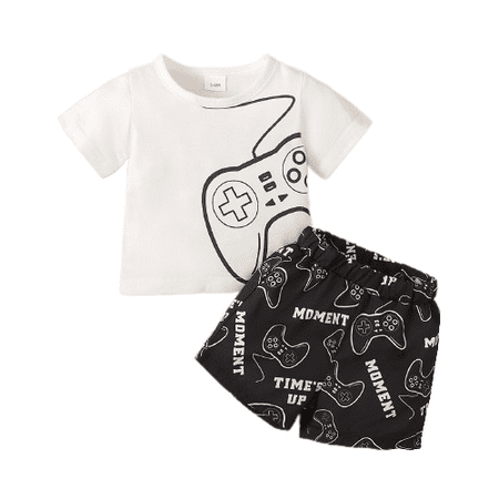 

Mikrdoo Newborn Baby Boys Outfits Joystick Print Short Sleeve Shirts Elastic Handle Print Shorts 2Pcs Set For Summer White 9-12 Months