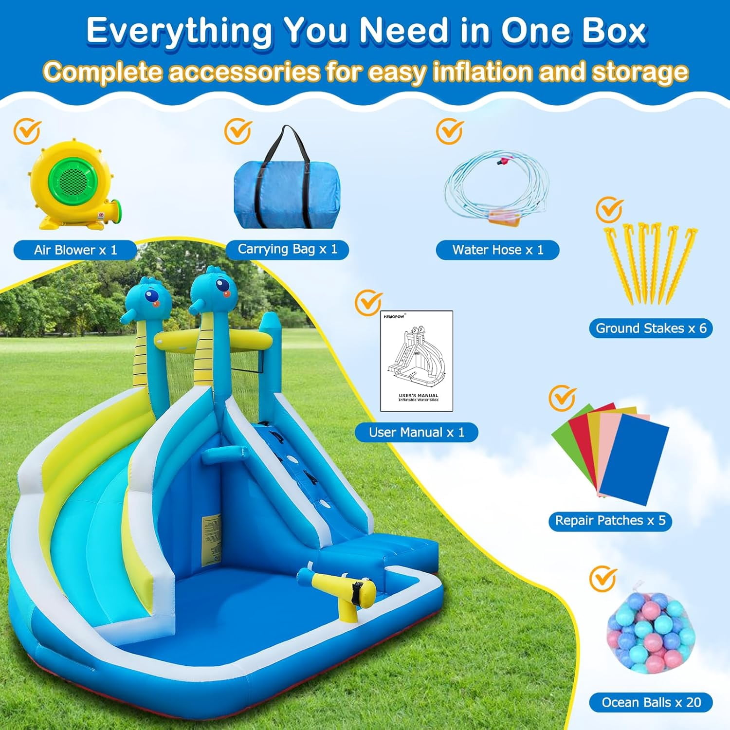 HEMOPOW 5-in-1 Inflatable Splash Park, Seahorse Water Slide with Climbing Wall, Water Cannon, Hoop & Blower for Indoor/Outdoor Backyard Fun, Ages 3+