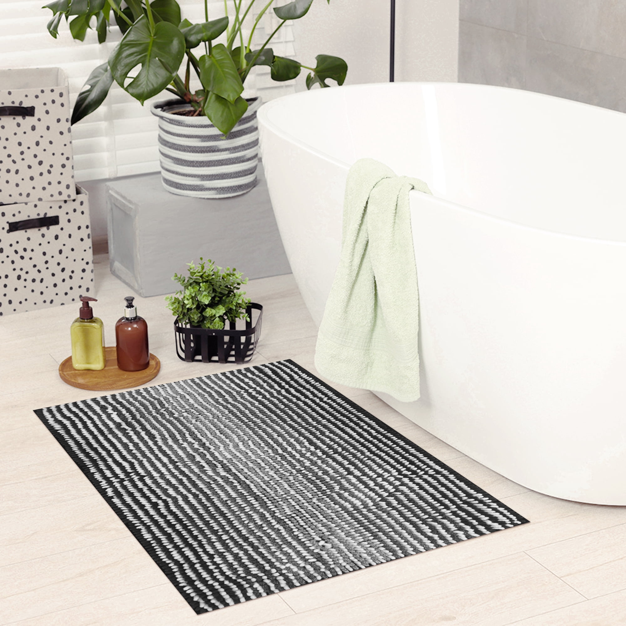 Unique Bargains Quick Dry Non Slip Chenille Bath Mat Cozy Shaggy Bath Rugs Black 16" x 24"