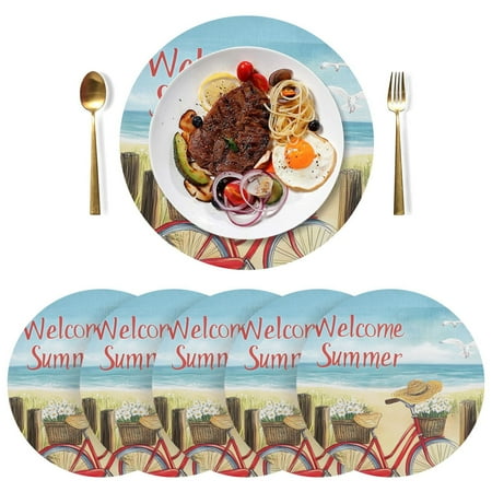 

joogoo Retro Summer Beach Round Plate Mats for Dining Table Placemat Set of 6 Holiday Decoration