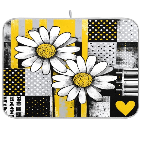 16x18Inch Dish Mat Absorbent Drying Dish Mat for Kitchen Multi-Functional Dish Drying Mats,Daisy Black Yellow Printed