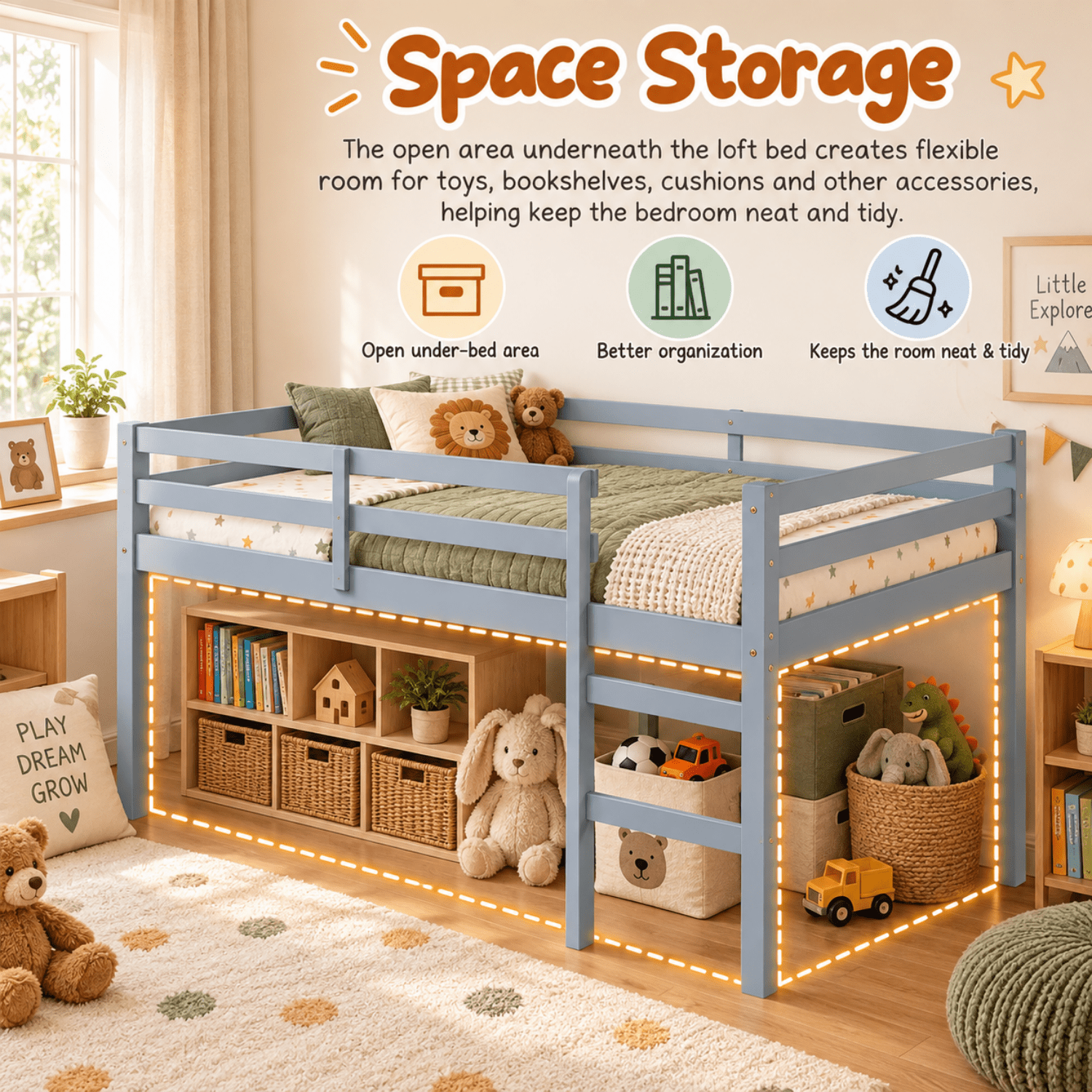 Miniyam Full Loft Bed for Kids, Solid Wood Frame with Ladder and Guardrails, Space-Saving Design, Gray