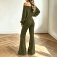 thumbnail image 6 of VISALY Women Two Piece Outfit Sets Off Shoulder Long Sleeve Knit Sweatshirts Sweater Loose Fit Flared Pants Casual Athleisure Sweatsuit Trendy Lounge Travel Workout Matching Tracksuit Army Green L, 6 of 9