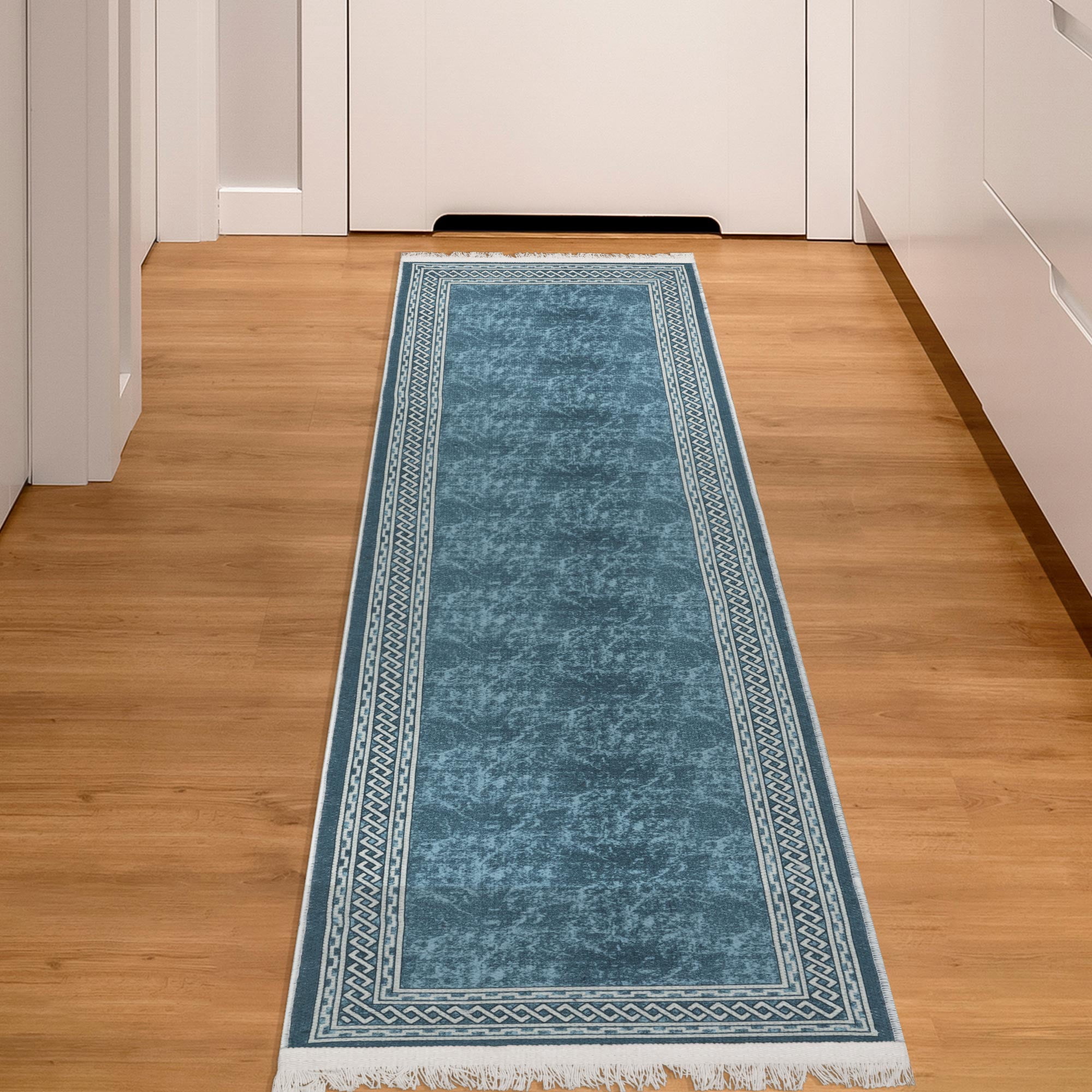 Ottomanson Machine Washable Cotton 2x5 Flatweave Runner Rug for Bedroom, 20" x 59", Blue Border
