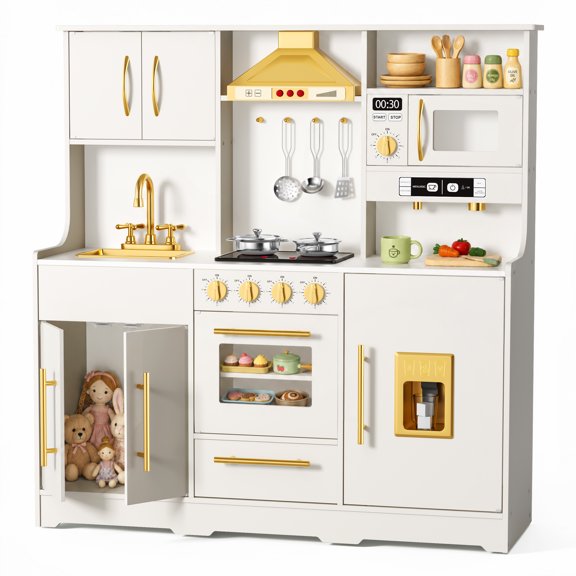 AILEEKISS Wood Kids Play Kitchen, Pretend Kitchen Playset for Children Age 3 Years up, White