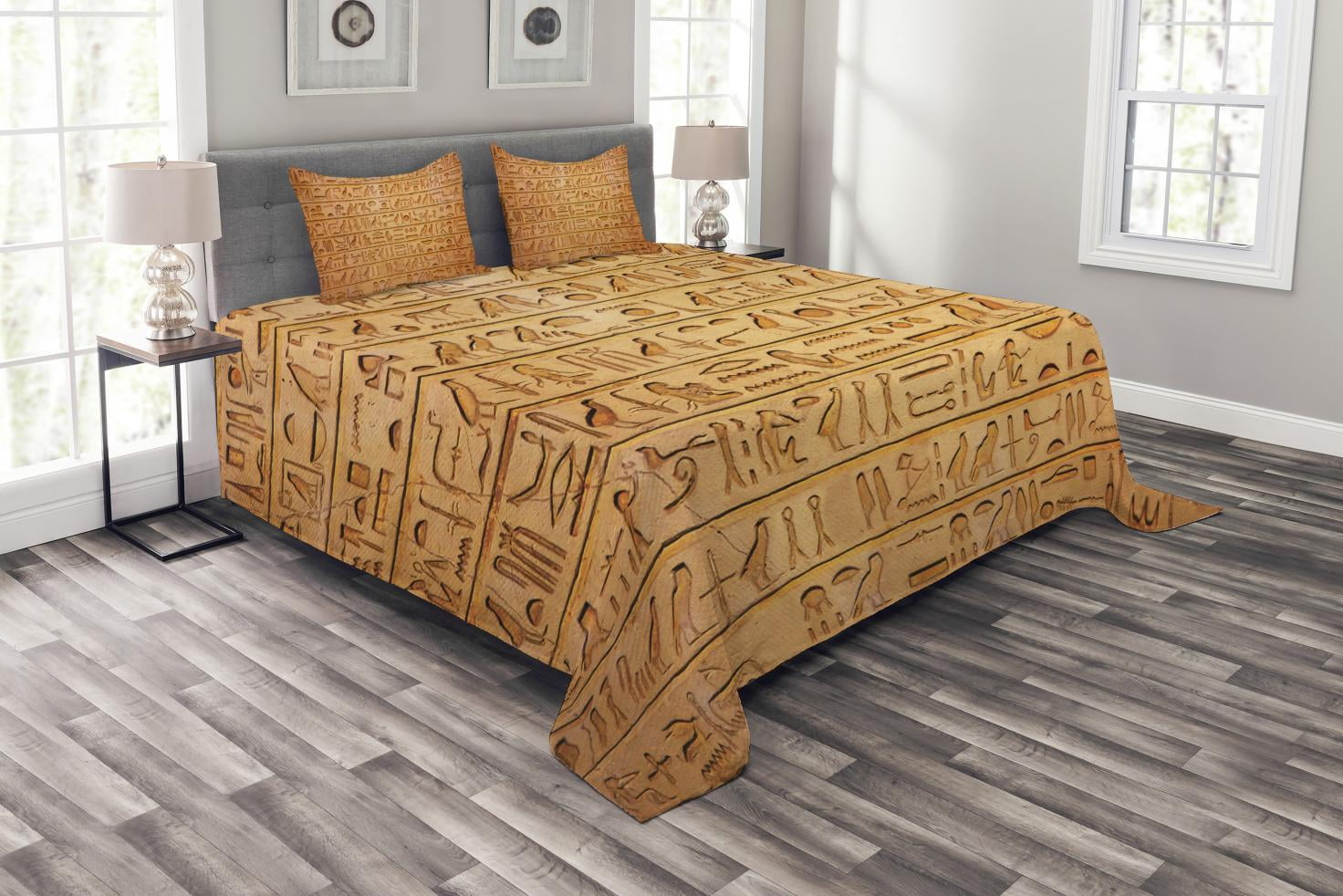 Egypt Bedspread Set King Size, Hieroglyphs Composition with Horizontal