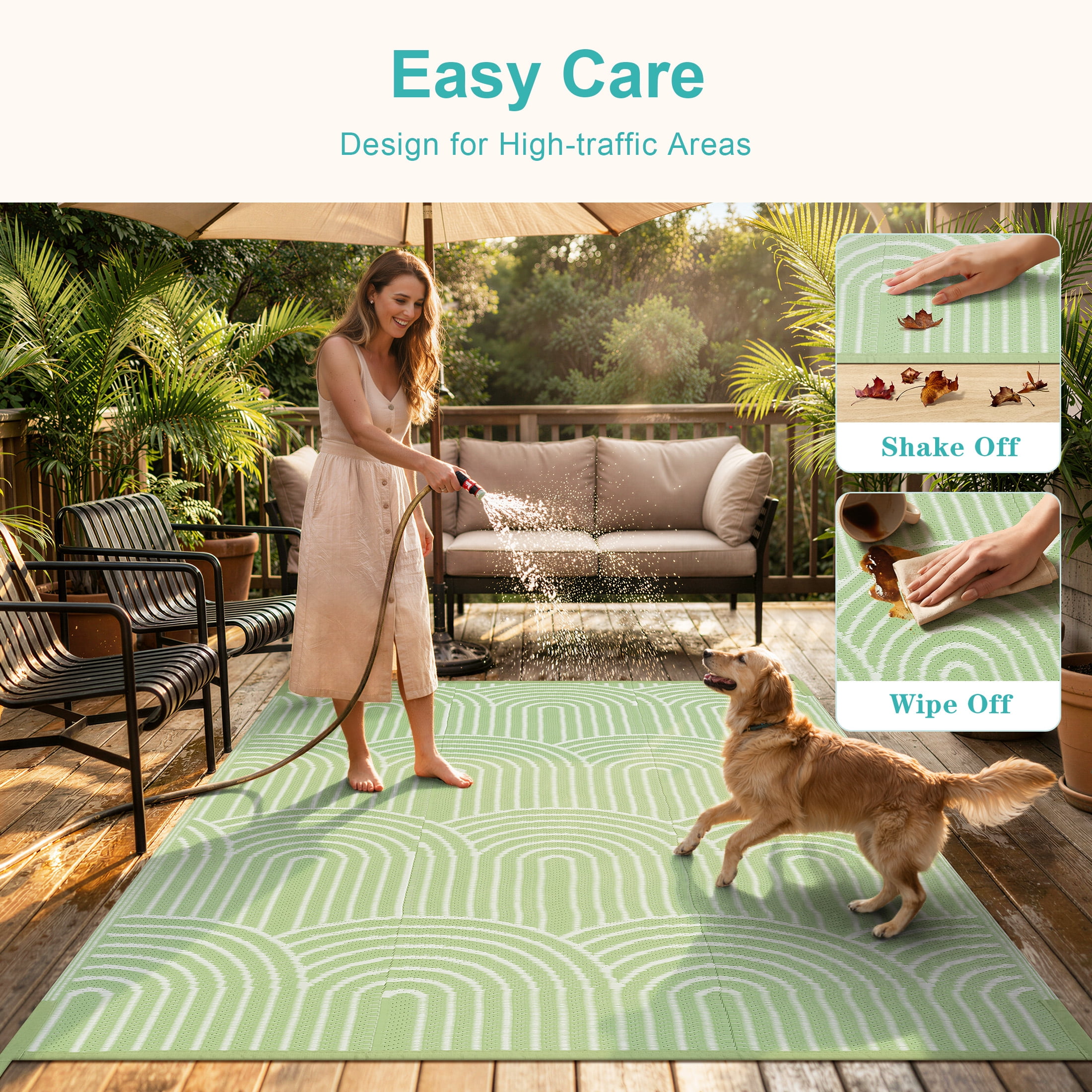 Wonnitar Outdoor Rug Waterproof 5'x8' Lightweight Plastic Straw Rug, Scandinavian Reversible Outside Carpet for RV Patio Deck Porch Balcony Picnic Camping Beach, Green-Rainbow