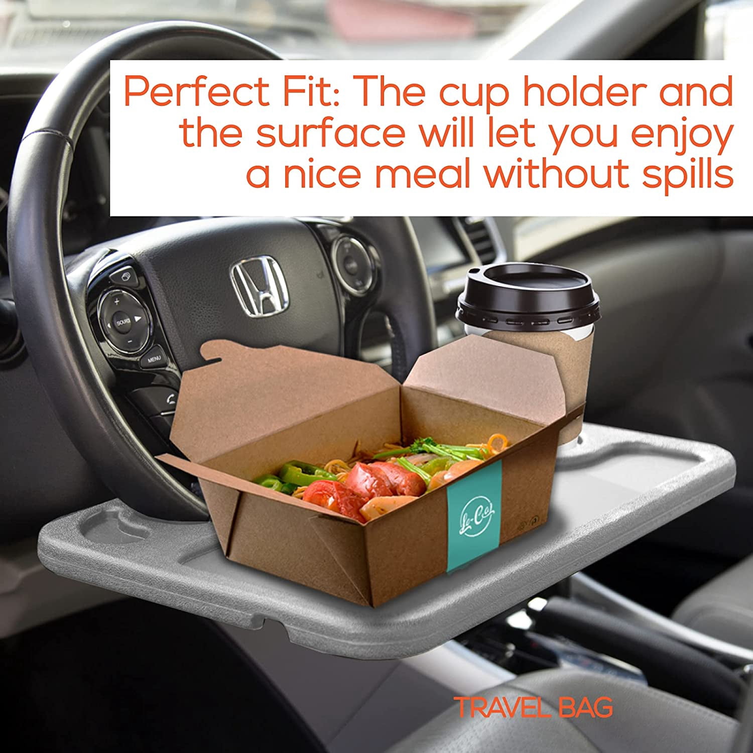Trobo Steering Wheel Desk, Car Table for Writing, Laptop, Tablet Or iPad with Pen Slot, Food Eating Tray with Cup Holder, Hooks On Most Vehicle Steering Wheels, Car Accessories for Travelers, Grey
