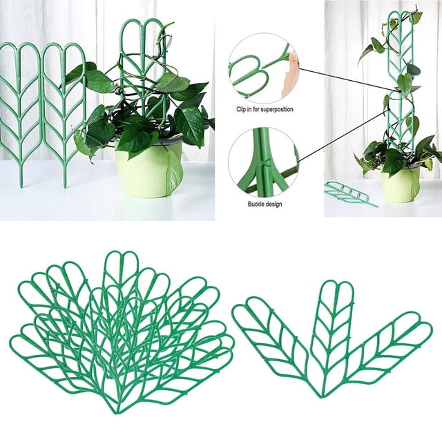 planta de plástico en maceta de enrejado cola planta de interior enrejado pequeño Juego de 15 estacas de plástico verde con diseño de hojas en V, 35.5 cm x 10.5 cm; vistas apiladas y colocadas junto a maceta con planta trepadora, detalle del broche de encaje. Suele usarse como soporte para guiar vides en macetas durante el crecimiento.