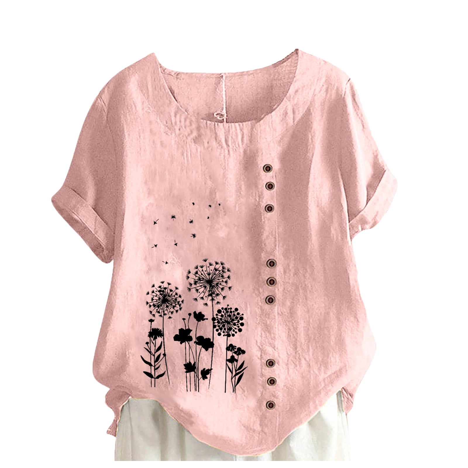 Uorcsa Polo Ralph Lauren Floral Printed Summer Crew Neck Casual Plus Size  Short Sleeve Cotton Hemp Button Women T Shirts Pink 