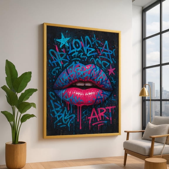 Vibrant Graffiti Lips Wall Art, Street Art Mural Decor, Urban Pop Art, Colorful Lips, Modern Home Decoration UNFRAMED Poster, Wall Art for Decor, Present, 8x12