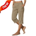 thumbnail image 2 of Bloomae Plus Size Capri Pants for Women 2026 Knee Length Cotton Linen Capris Summer Straight Leg Loose Button Side Slit Beach Bermuda Shorts with Pocket, 2 of 8