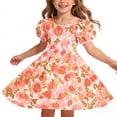 thumbnail image 3 of Casual Floral Dresses Girls Kids Puff Sleeve Cross Back Summer Dress Round Neck Trendy Aline Swing Outfits Orange, 6 Years, 3 of 7