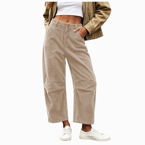 GEWSEY Womens Corduroy Pants High Waisted - Wide Leg Pant Casual Loose Trousers with Pocket Fall Winter Outfits (Khaki, XS)