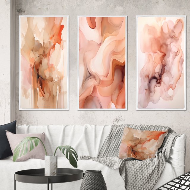 Designart "Apricot Clouds Infusion Abstract IV" Abstract Shapes Framed Wall Art Set Of 3 - Pink Transitional Frame Gallery Wall Set For Home Decor