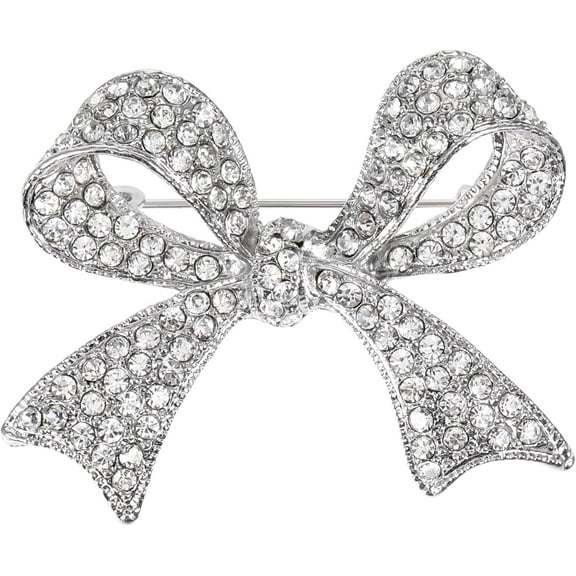Sparkly Rhinestone Bow Brooch – Vintage Elegant Bowknot Lapel Pin, Wedding & Party Brooch for Women, Beautiful Silver Brooch Pin