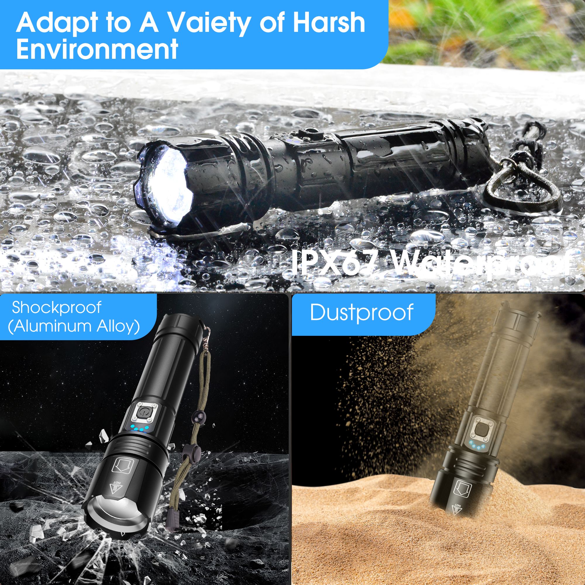 Ifanze Powerful LED Flashlight ,100000 High Lumens Modes Waterproof Super  Bright XHP70.2 Bulb Rechargeable Flashlights with 22650 Battery, Zoomable  Torch for Emergency Hiking Hunting Camping, Black