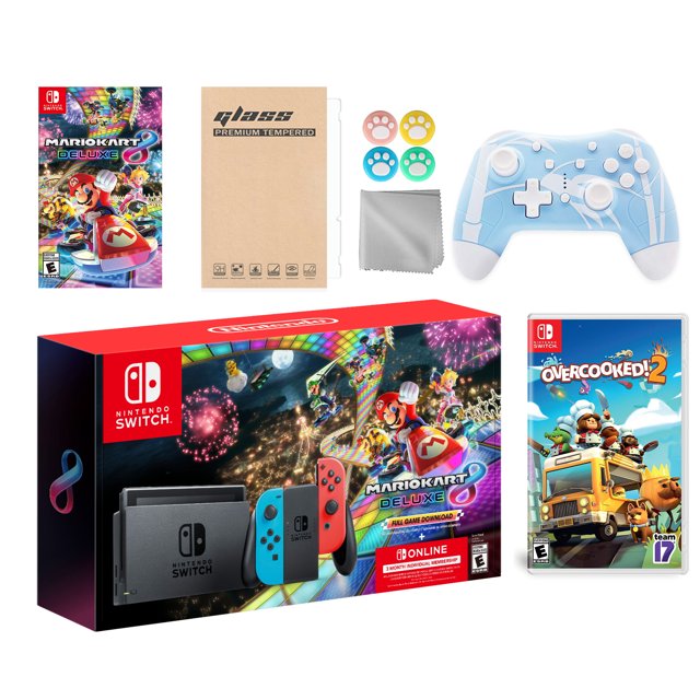 Nintendo Switch Mario Kart 8 Deluxe Bundle: Red/Blue Console, Mario Kart 8 & Membership, Overcooked! 2, Mytrix Wireless Pro Controller Blue Bamboo and Accessories