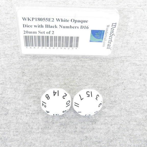 White Opaque Dice with Black Numbers D16 20mm (25/32in) Set of 2 Wondertrail