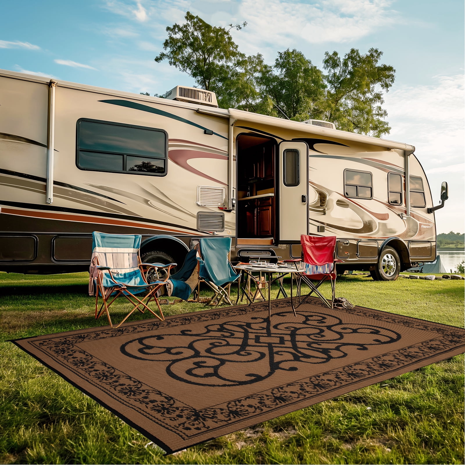 STRICKLANDHOME Outdoor Rug 5 x 8 ft, Reversible Plastic Straw Rug for Patio, Waterproof Large Outdoor Carpet