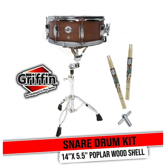 Snare Drum Set by GRIFFIN - Includes Snare Stand, 2 Pairs of Maple Drum Sticks & Drum Key | Wood Shell Drum Set, Chrome Holder Acoustic Marching Percussion Musical Instrument Practice Package