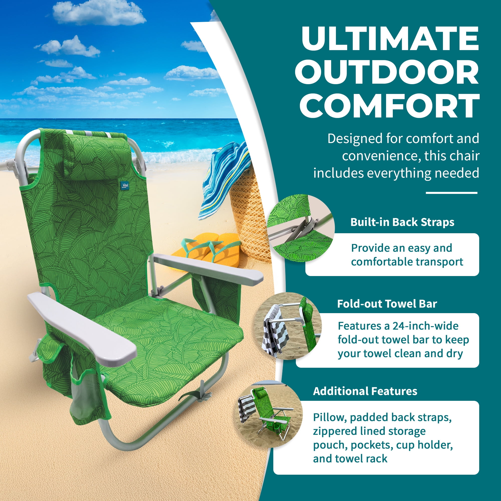 Bliss Hammocks, Aluminum Beach Chair, 275 lb capacity, with Cooler