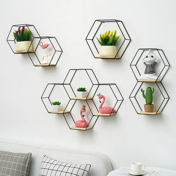 SPRING PARK Hexagonal Iron Grid Shelf Wall Hanging Rack Geometric Figure Home Room Decor