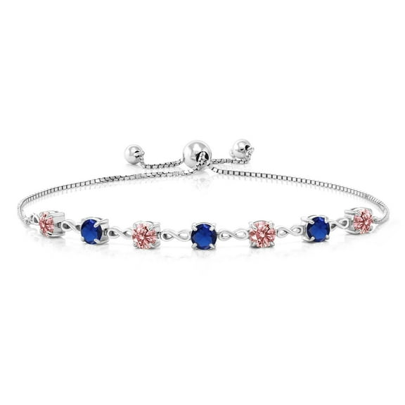 Gem Stone King 925 Sterling Silver Round Pink Lab Grown Diamond and Blue Created Sapphire Tennis Bracelet for Women (2.49 Cttw, Gemstone April Birthstone, Round 4.5MM, Fully Adjustable up to 9 inch)