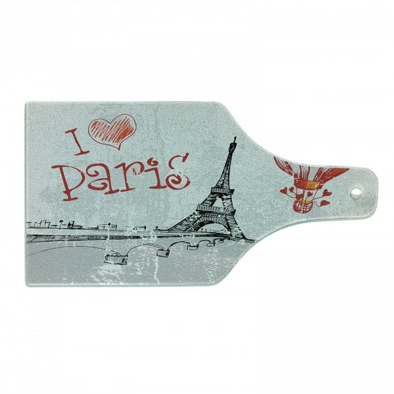 Love Cutting Board, I Love Paris Romance Hot Air Balloon with Hearts Doodle Style Print Image, Decorative Tempered Glass Cutting and Serving Board, Wine Bottle Shape, Red Black Grey, by Ambesonne