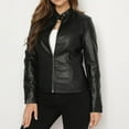 thumbnail image 6 of MORTTIC Women's Solid Color Faux Leather Blazer Stand Collar Long Sleeve Zippered Jacket with Single Button Detail Black，S, 6 of 9