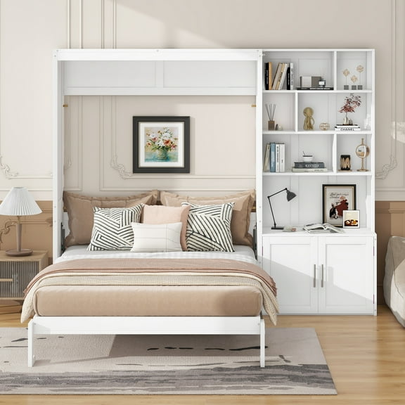 MODERNLUXE Full Size Murphy Bed with Shelves and Drawers, Convertible Wall Bed with Cabinets, White