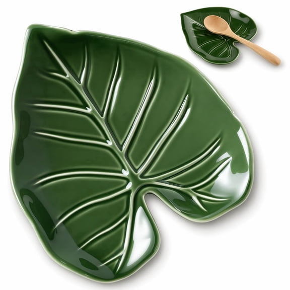 Ceramic Leaf Shape Spoon Rest - Green Utensil Holder for Kitchen Counter & Stove Top
