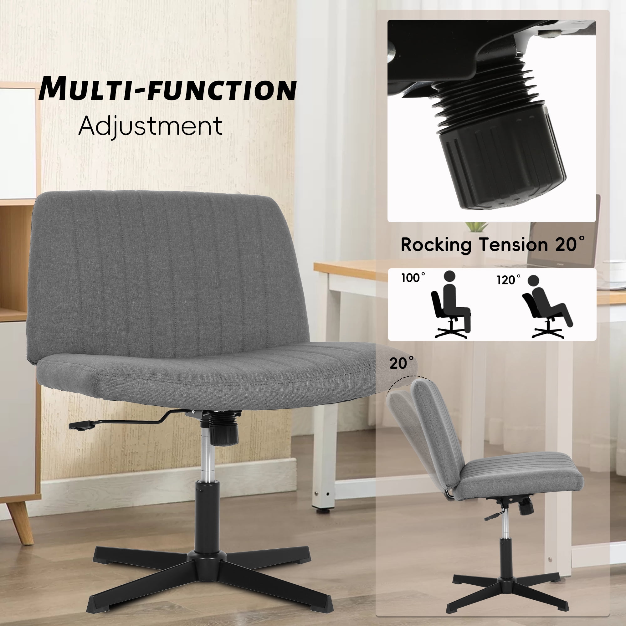 CL.HPAHKL Criss Cross Chair, Height Adjustable Comfy Computer Task Seating Modern Makeup Vanity Chair with Back No Wheels Armless Fabric Wide Desk Chair for Bedroom, Home Office (1, Grey)