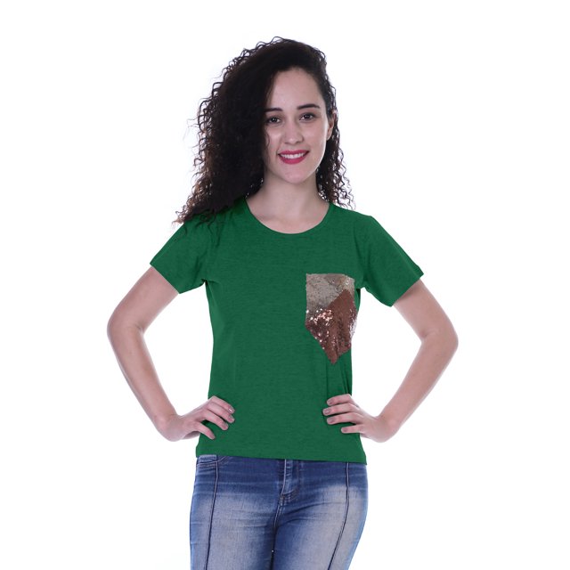 Moomaya T-shirt à Col Rond pour Femmes à Manches Courtes avec Poche Appliquée à Paillettes - 6Z