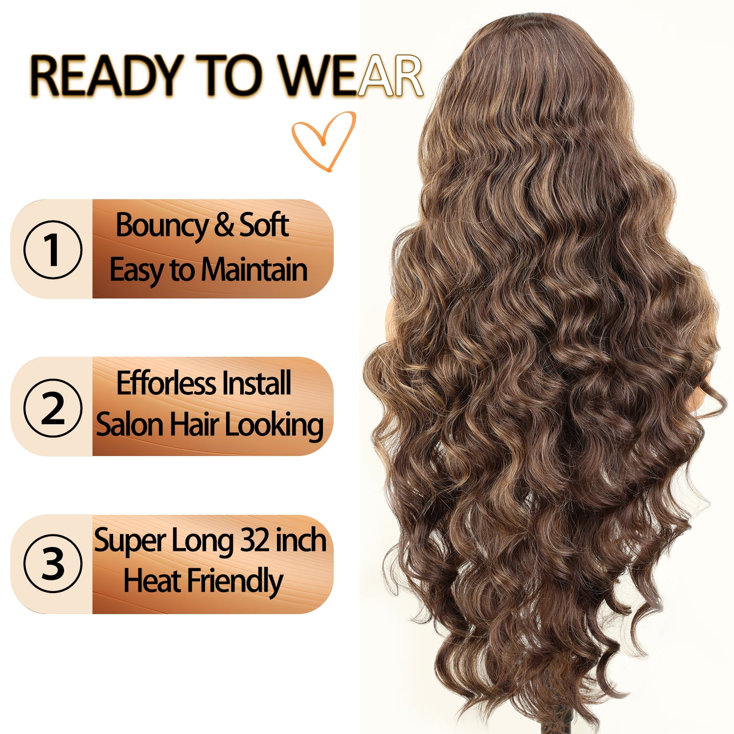 13x6 Lace Frontal Wig Highlighted 32 Inch Body Wave Pre Plucked Babyhair Transparent HD Lace Heat Friendly Highlights Brown Bouncy Synthetic Hair