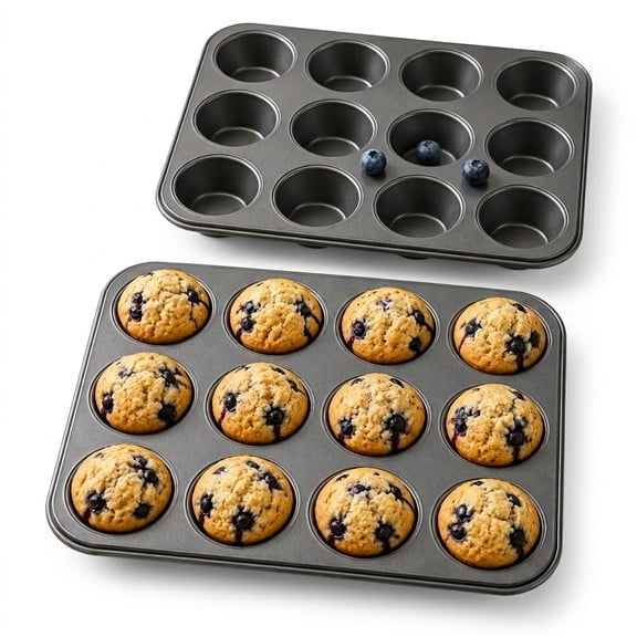 Cnshop 2-Pack Nonstick Muffin Baking Pans, 12-Cup Heavy-Duty Cupcake Pan, Oven Safe, Gray