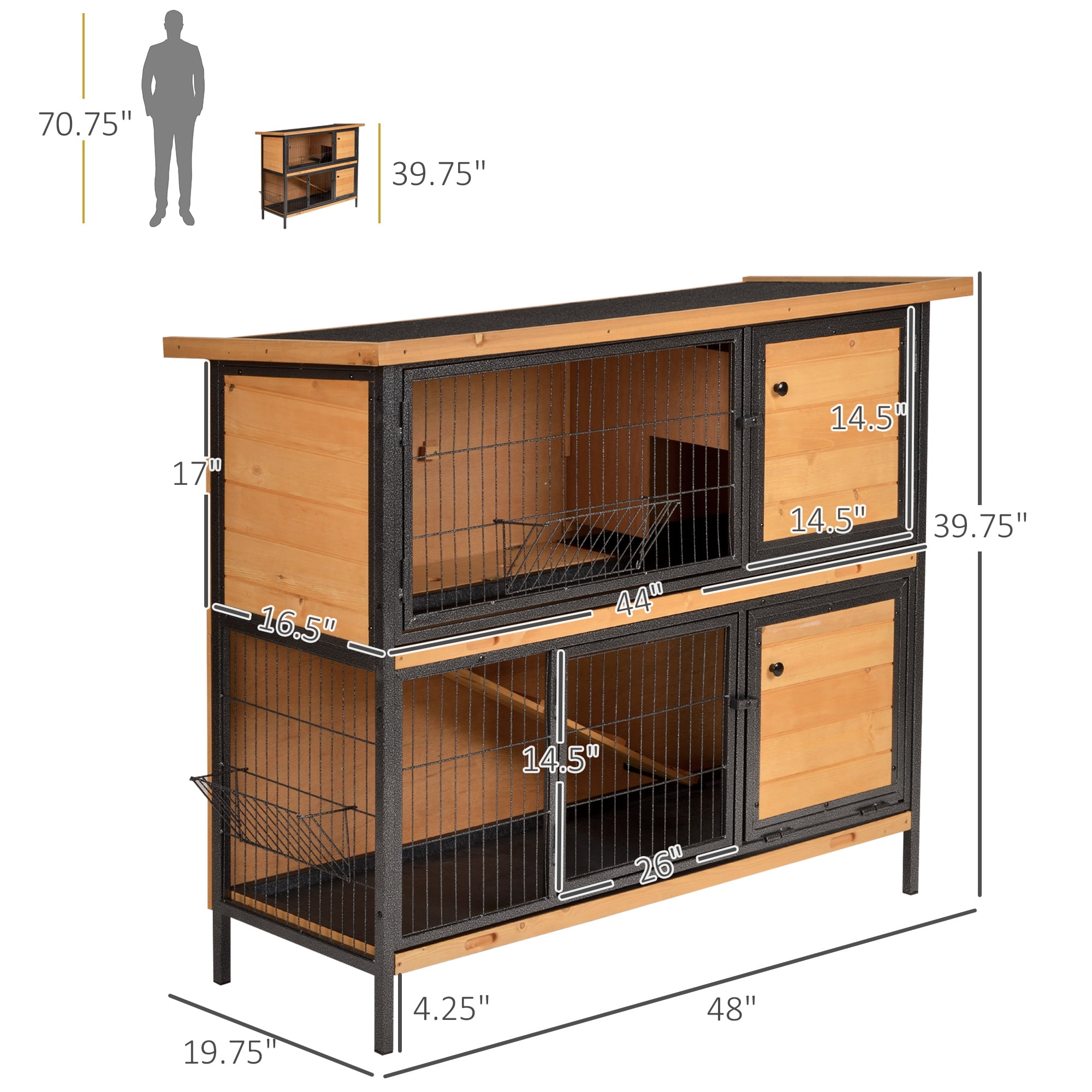 48" 2-Story Large Rabbit Hutch Bunny Cage Wooden Pet House Metal Frame with Individual Room, Ramp, No Leak Tray, Feeding Trough, Waterproof Asphalt Roof for Outdoor/Indoor
