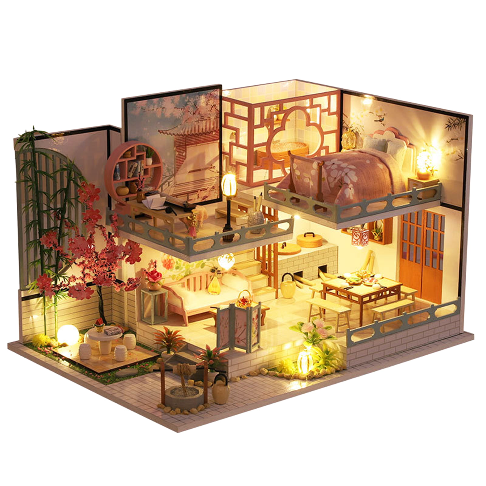 Chinese Style Hanging Miniature Dollhouse Wooden Puzzle Model Furniture LED Kits 