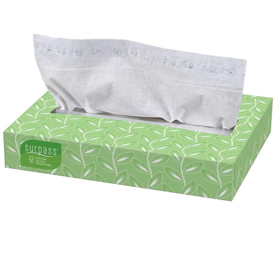 Surpass Facial Tissue, Flat Box, 2-Ply, White, Unscented, 100 Tissues ...