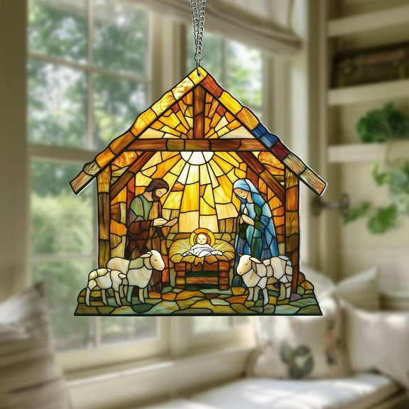 Nativity Scene Suncatcher, Faux Stained Acrylic Christian Window Hanging, Nativity Jesus Christ Decoration,Religious Christmas Home Decor