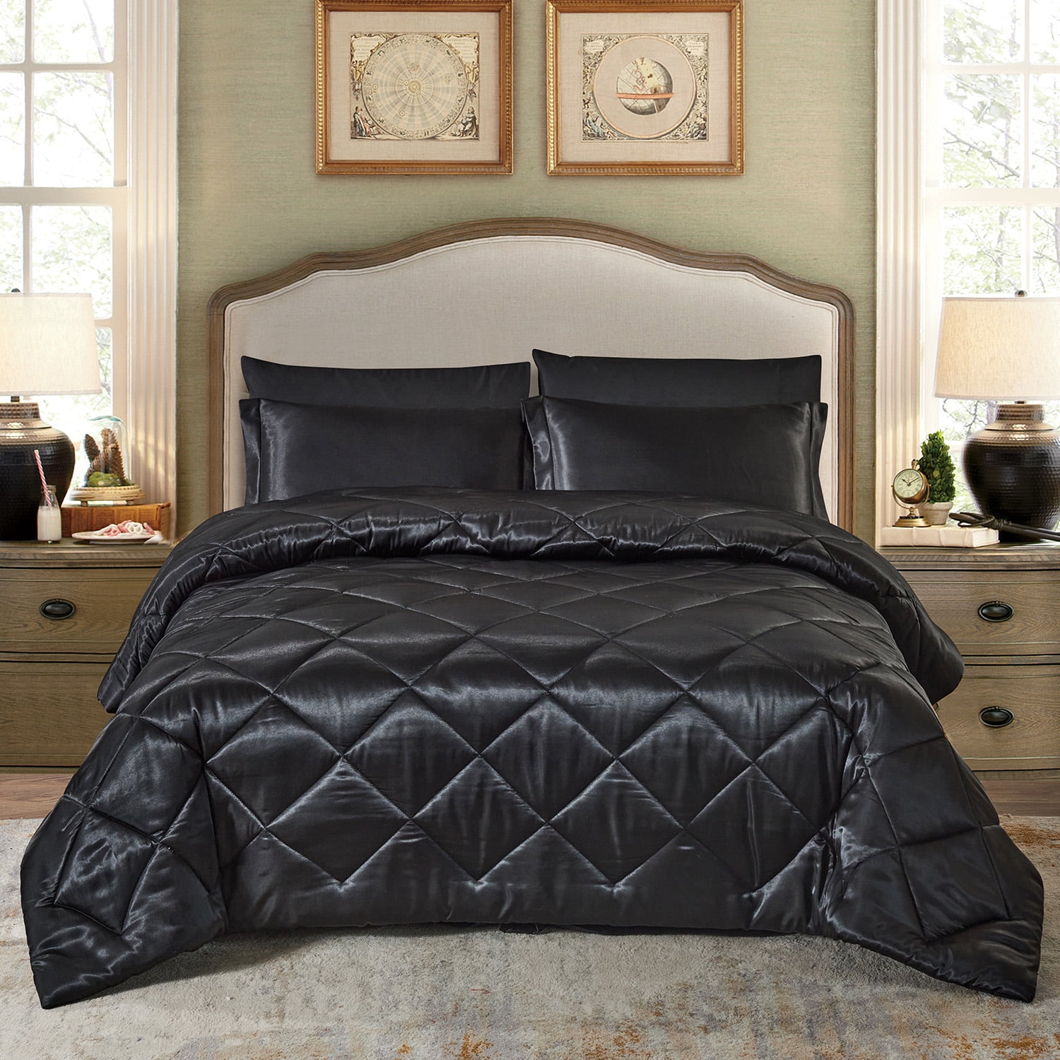 Best Queen Size Bed Sheet Set Royal Opulence Black Satin Silk Soft Bedding 4Pcs 