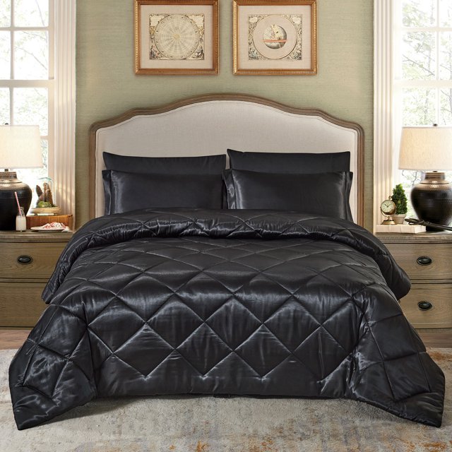 JML Ensemble de Literie 8 Pcs, Satin Doux et Soyeux, Noir, Grand