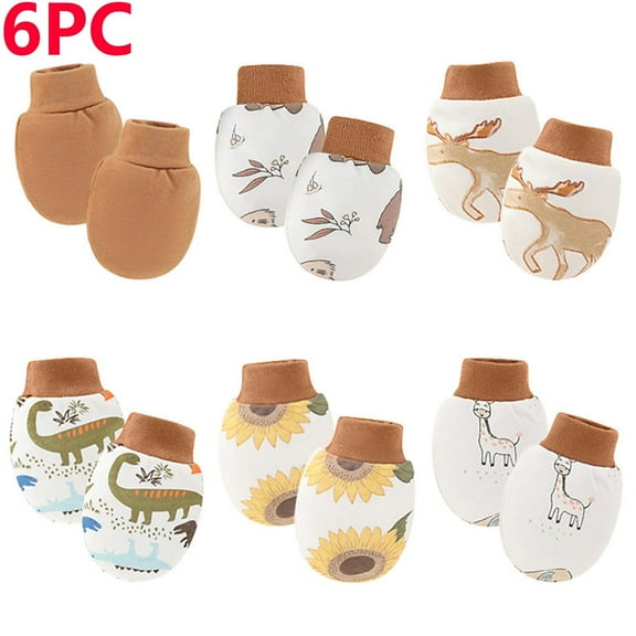 Newborn No Scratch Mittens 6 Pairs Cotton Soft Protection Hand Cute Print Gloves For 0-12 Months Boys Girls (Free Size, Coffee)