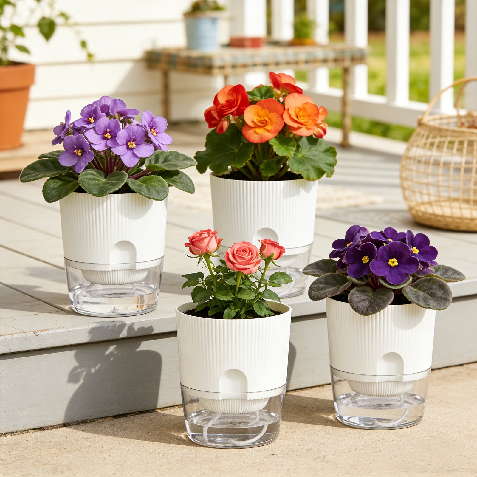 IWNTWY 5.7" Self Watering Pots, 4 Pack Plastic Planters with Deep Reservoir and Wicking Rope for Indoor Outdoor Plants