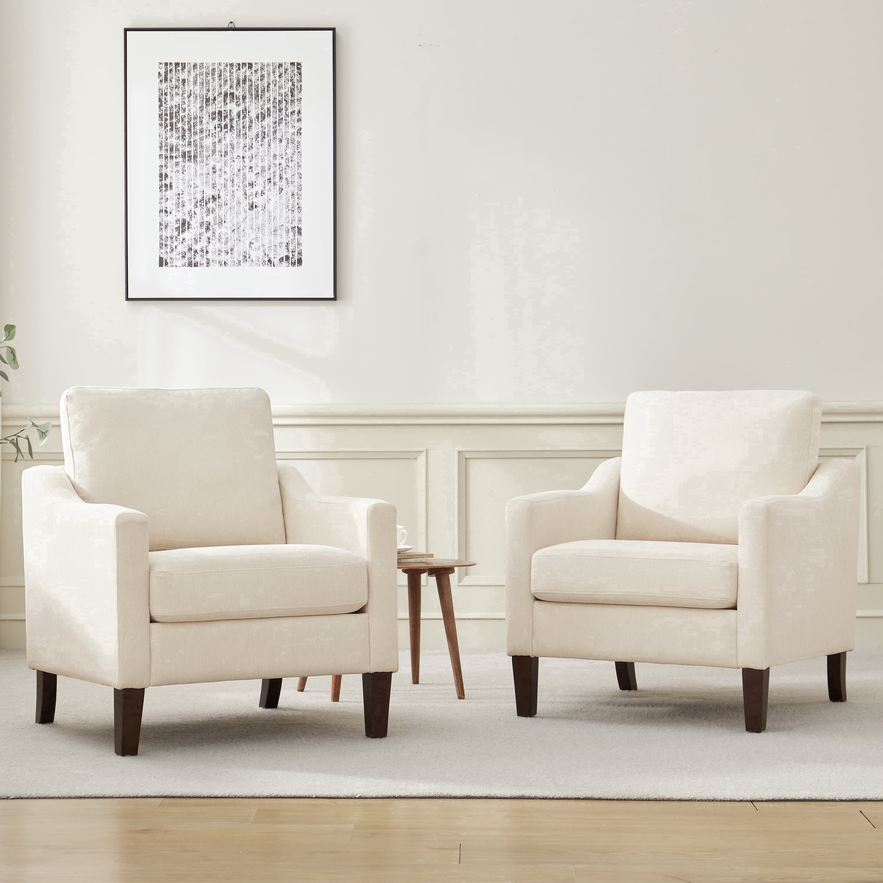 Vknow Furniture Mid-Century Modern Accent Chairs Set of 2 Upholstered with Solid Wood Legs for Living Room and Bedroom,Beige