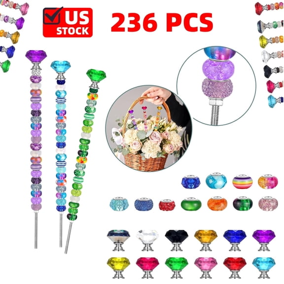 236 Pcs Garden Stake DIY Fairy Wand Plant Stake with 12 Colorful Crystal Stopper Top 12 Threaded Rod with 200 Large Hole Bead for Spring Summer Holiday Outdoor Decorations(Classic)